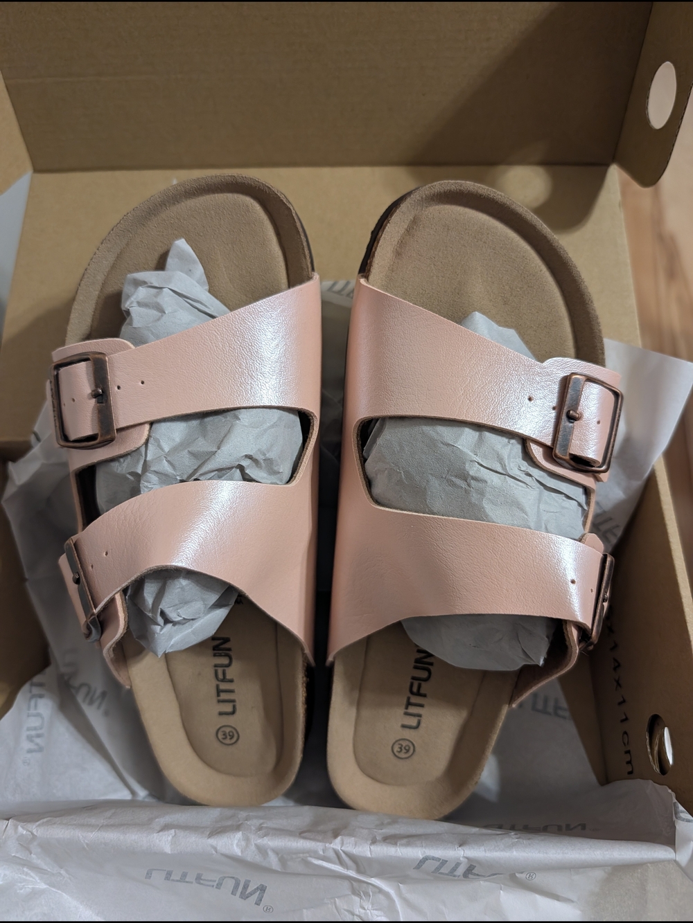 Litfun Women's Double-Buckle Slide Sandals in Blush Pink